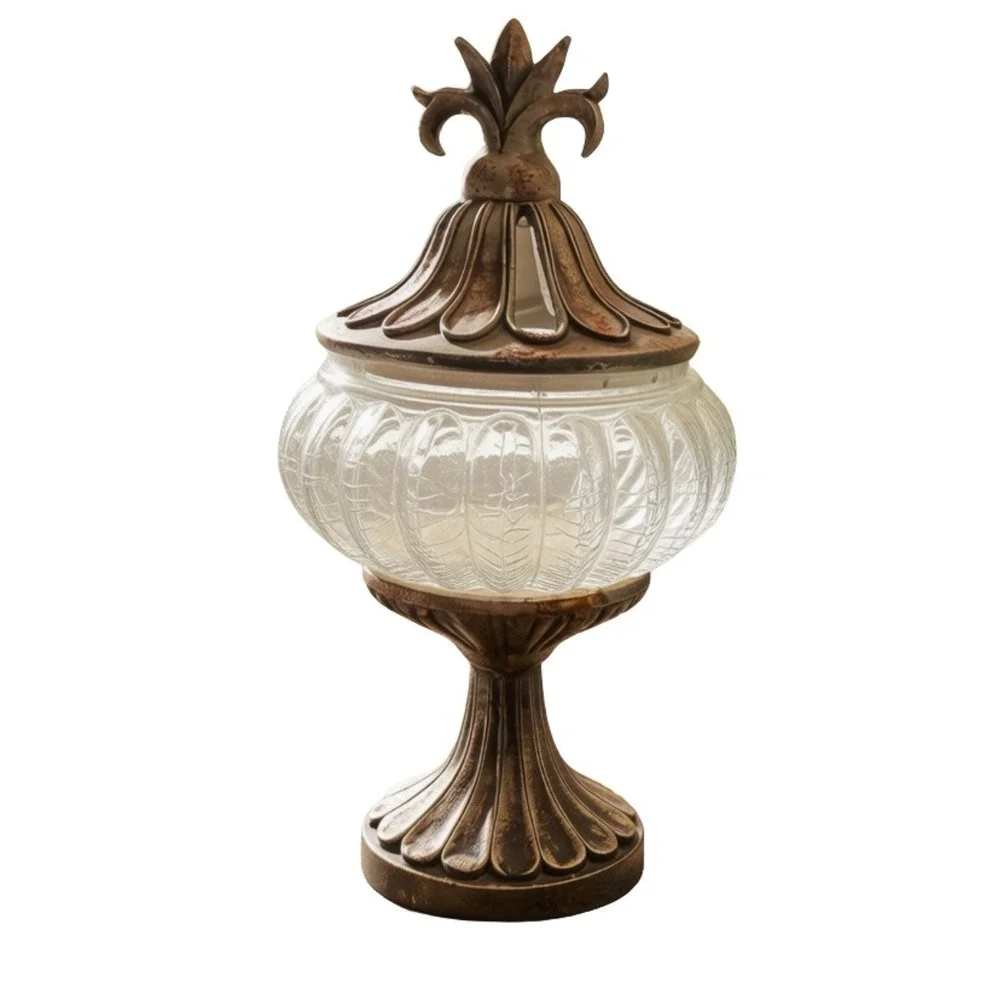 Vintage Crackle Glass Potpourri Jar Pedestal Base Metal Vented Lid Urn Decor⁠